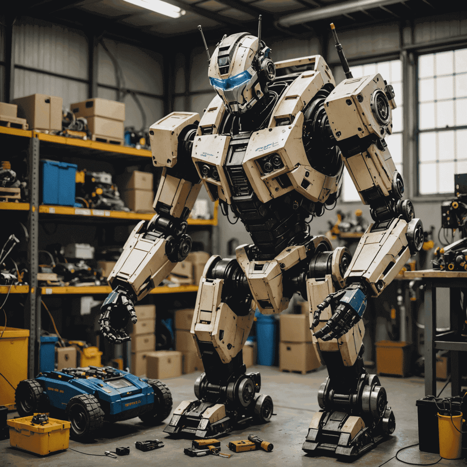 A person performing maintenance on an Optimus Gen 2 robot, with tools and spare parts visible